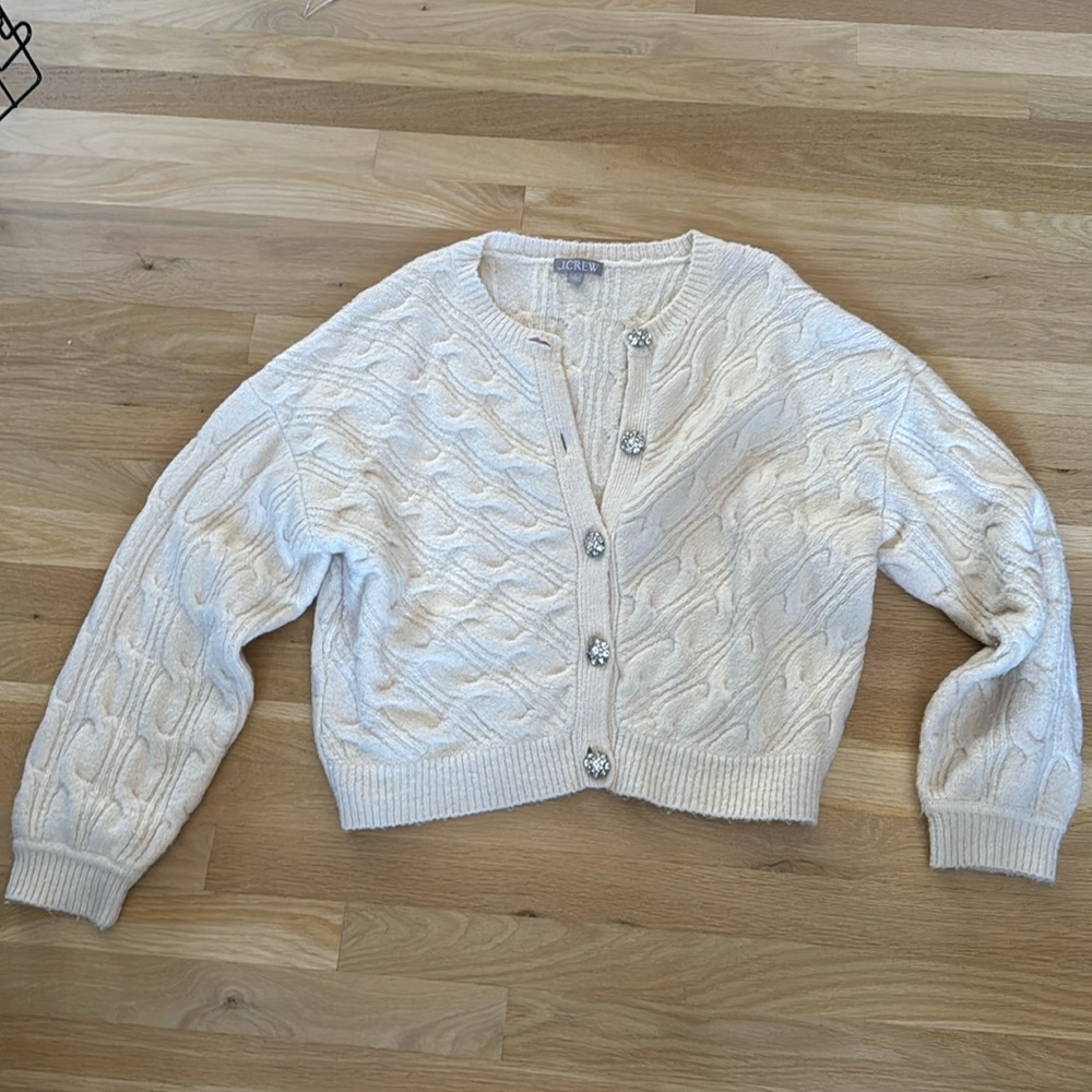 J Crew Wool cable knit cream sweater with crystal buttons size large